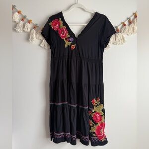 Johnny Was Black Mini Dress with Pink & Green Floral Embroidery